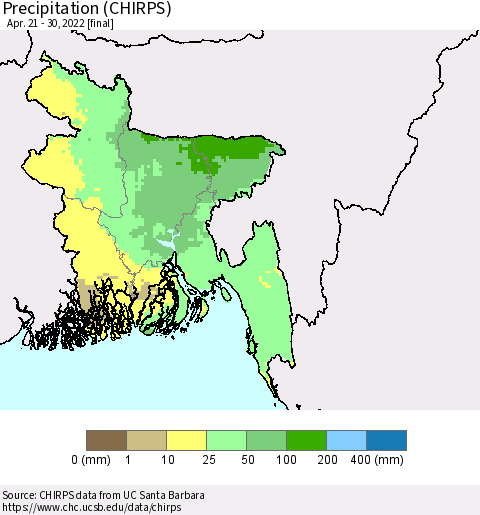 Bangladesh Precipitation (CHIRPS) Thematic Map For 4/21/2022 - 4/30/2022