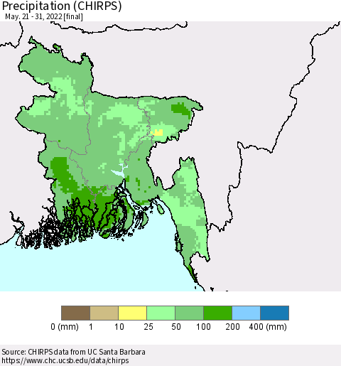 Bangladesh Precipitation (CHIRPS) Thematic Map For 5/21/2022 - 5/31/2022