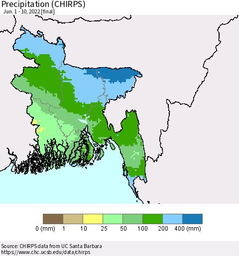 Bangladesh Precipitation (CHIRPS) Thematic Map For 6/1/2022 - 6/10/2022