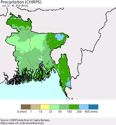 Bangladesh Precipitation (CHIRPS) Thematic Map For 6/21/2022 - 6/30/2022