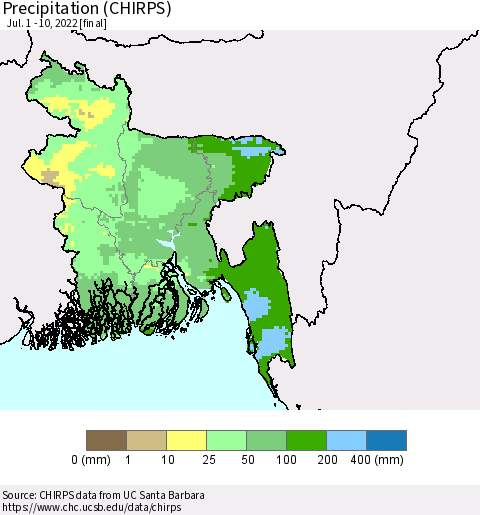 Bangladesh Precipitation (CHIRPS) Thematic Map For 7/1/2022 - 7/10/2022