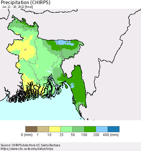 Bangladesh Precipitation (CHIRPS) Thematic Map For 7/11/2022 - 7/20/2022