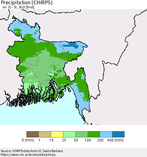 Bangladesh Precipitation (CHIRPS) Thematic Map For 7/21/2022 - 7/31/2022