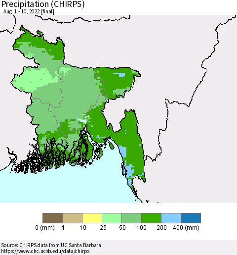 Bangladesh Precipitation (CHIRPS) Thematic Map For 8/1/2022 - 8/10/2022