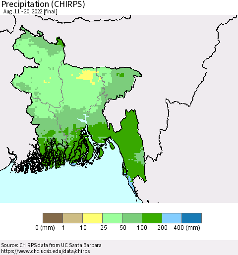 Bangladesh Precipitation (CHIRPS) Thematic Map For 8/11/2022 - 8/20/2022