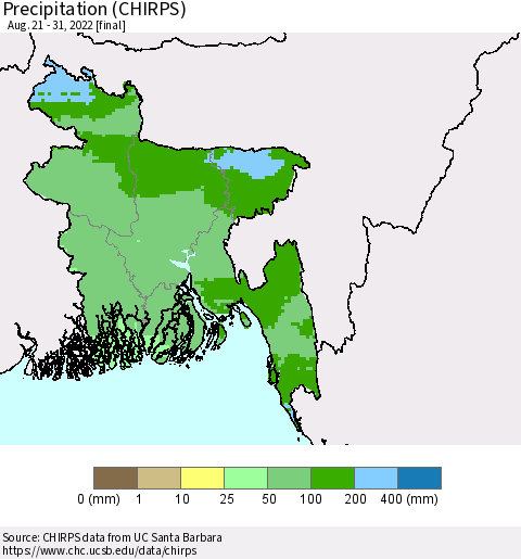 Bangladesh Precipitation (CHIRPS) Thematic Map For 8/21/2022 - 8/31/2022