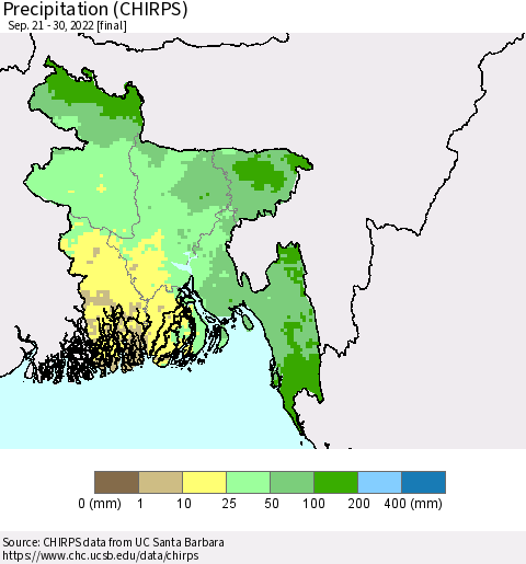 Bangladesh Precipitation (CHIRPS) Thematic Map For 9/21/2022 - 9/30/2022