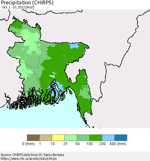 Bangladesh Precipitation (CHIRPS) Thematic Map For 10/1/2022 - 10/10/2022