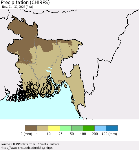 Bangladesh Precipitation (CHIRPS) Thematic Map For 11/21/2022 - 11/30/2022