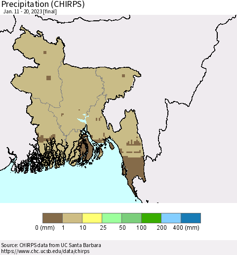 Bangladesh Precipitation (CHIRPS) Thematic Map For 1/11/2023 - 1/20/2023