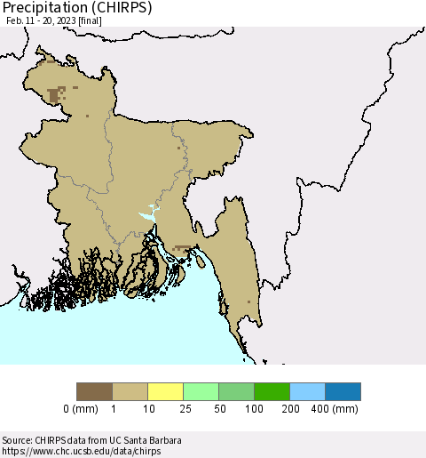 Bangladesh Precipitation (CHIRPS) Thematic Map For 2/11/2023 - 2/20/2023