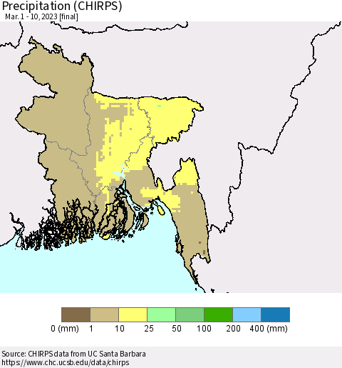 Bangladesh Precipitation (CHIRPS) Thematic Map For 3/1/2023 - 3/10/2023