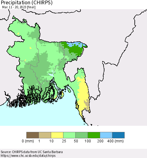 Bangladesh Precipitation (CHIRPS) Thematic Map For 3/11/2023 - 3/20/2023
