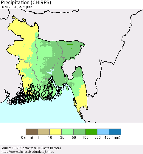 Bangladesh Precipitation (CHIRPS) Thematic Map For 3/21/2023 - 3/31/2023