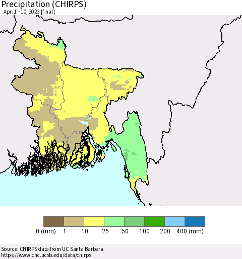 Bangladesh Precipitation (CHIRPS) Thematic Map For 4/1/2023 - 4/10/2023
