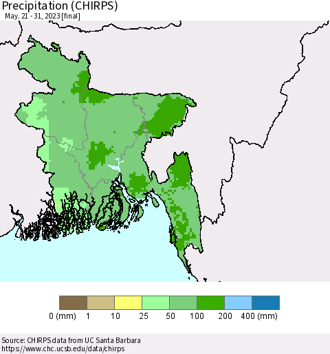 Bangladesh Precipitation (CHIRPS) Thematic Map For 5/21/2023 - 5/31/2023