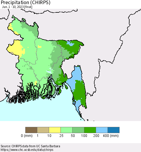 Bangladesh Precipitation (CHIRPS) Thematic Map For 6/1/2023 - 6/10/2023