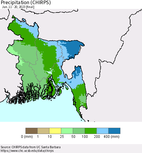 Bangladesh Precipitation (CHIRPS) Thematic Map For 6/11/2023 - 6/20/2023