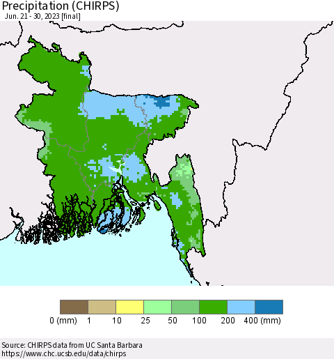 Bangladesh Precipitation (CHIRPS) Thematic Map For 6/21/2023 - 6/30/2023