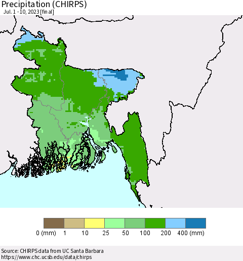 Bangladesh Precipitation (CHIRPS) Thematic Map For 7/1/2023 - 7/10/2023