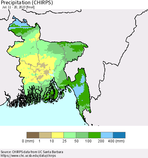 Bangladesh Precipitation (CHIRPS) Thematic Map For 7/11/2023 - 7/20/2023