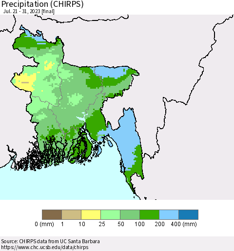 Bangladesh Precipitation (CHIRPS) Thematic Map For 7/21/2023 - 7/31/2023