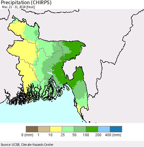 Bangladesh Precipitation (CHIRPS) Thematic Map For 3/21/2024 - 3/31/2024