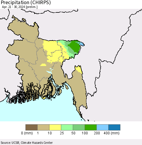 Bangladesh Precipitation (CHIRPS) Thematic Map For 4/21/2024 - 4/30/2024