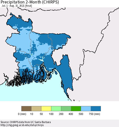 Bangladesh Precipitation 2-Month (CHIRPS) Thematic Map For 7/1/2021 - 8/31/2021