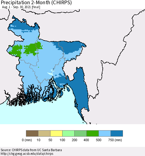 Bangladesh Precipitation 2-Month (CHIRPS) Thematic Map For 8/1/2021 - 9/30/2021