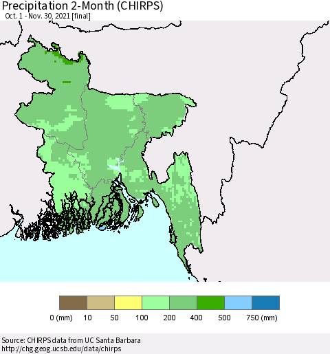 Bangladesh Precipitation 2-Month (CHIRPS) Thematic Map For 10/1/2021 - 11/30/2021
