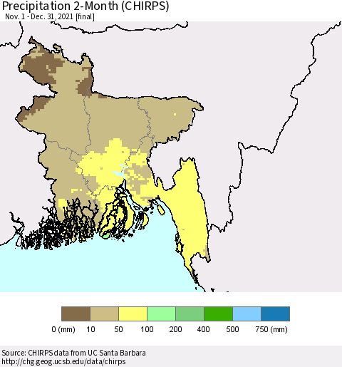 Bangladesh Precipitation 2-Month (CHIRPS) Thematic Map For 11/1/2021 - 12/31/2021
