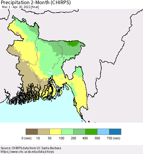 Bangladesh Precipitation 2-Month (CHIRPS) Thematic Map For 3/1/2022 - 4/30/2022