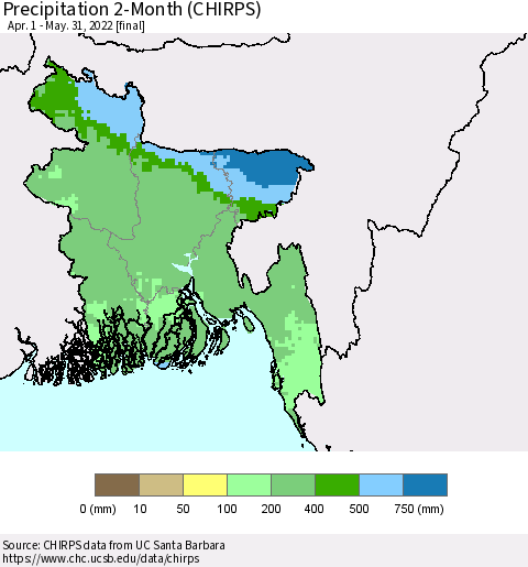 Bangladesh Precipitation 2-Month (CHIRPS) Thematic Map For 4/1/2022 - 5/31/2022
