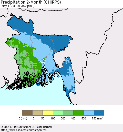 Bangladesh Precipitation 2-Month (CHIRPS) Thematic Map For 5/1/2022 - 6/30/2022