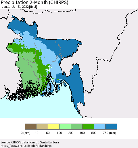 Bangladesh Precipitation 2-Month (CHIRPS) Thematic Map For 6/1/2022 - 7/31/2022