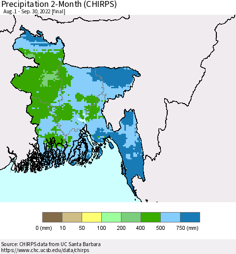 Bangladesh Precipitation 2-Month (CHIRPS) Thematic Map For 8/1/2022 - 9/30/2022