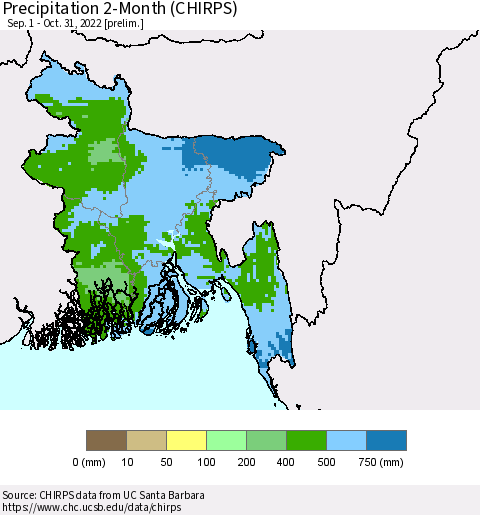 Bangladesh Precipitation 2-Month (CHIRPS) Thematic Map For 9/1/2022 - 10/31/2022