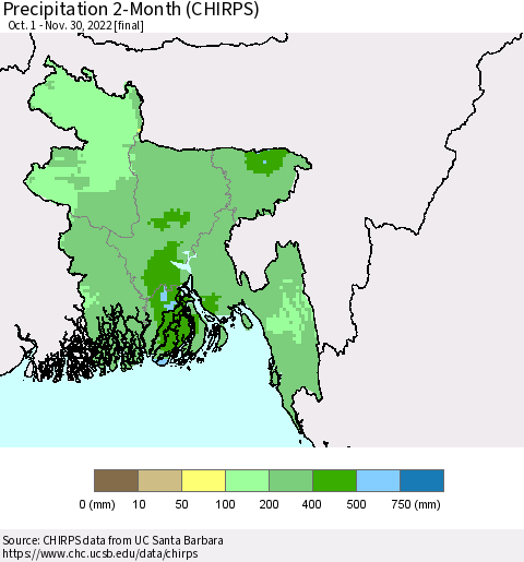 Bangladesh Precipitation 2-Month (CHIRPS) Thematic Map For 10/1/2022 - 11/30/2022