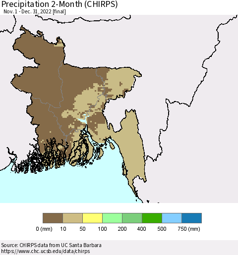 Bangladesh Precipitation 2-Month (CHIRPS) Thematic Map For 11/1/2022 - 12/31/2022