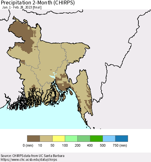 Bangladesh Precipitation 2-Month (CHIRPS) Thematic Map For 1/1/2023 - 2/28/2023