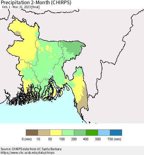 Bangladesh Precipitation 2-Month (CHIRPS) Thematic Map For 2/1/2023 - 3/31/2023