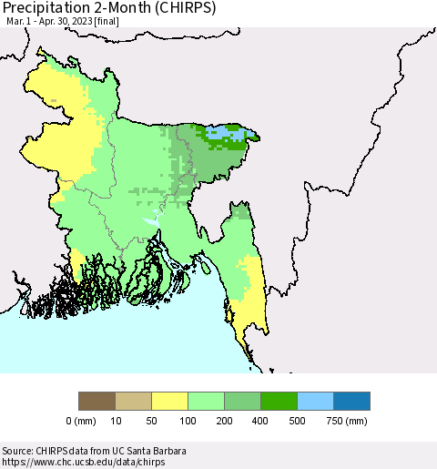 Bangladesh Precipitation 2-Month (CHIRPS) Thematic Map For 3/1/2023 - 4/30/2023