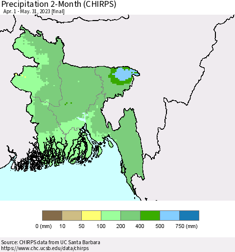 Bangladesh Precipitation 2-Month (CHIRPS) Thematic Map For 4/1/2023 - 5/31/2023