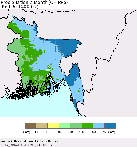 Bangladesh Precipitation 2-Month (CHIRPS) Thematic Map For 5/1/2023 - 6/30/2023
