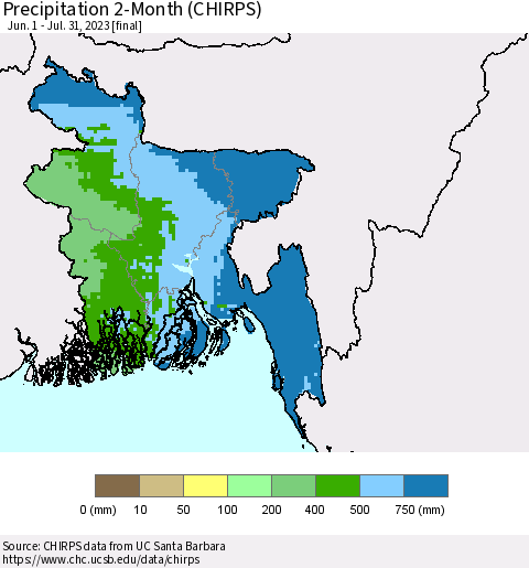 Bangladesh Precipitation 2-Month (CHIRPS) Thematic Map For 6/1/2023 - 7/31/2023