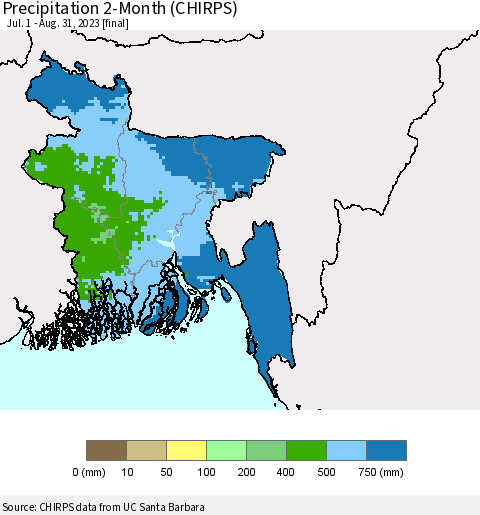 Bangladesh Precipitation 2-Month (CHIRPS) Thematic Map For 7/1/2023 - 8/31/2023