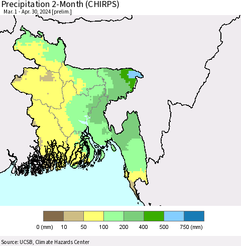 Bangladesh Precipitation 2-Month (CHIRPS) Thematic Map For 3/1/2024 - 4/30/2024