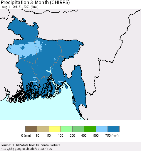 Bangladesh Precipitation 3-Month (CHIRPS) Thematic Map For 8/1/2021 - 10/31/2021