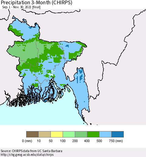 Bangladesh Precipitation 3-Month (CHIRPS) Thematic Map For 9/1/2021 - 11/30/2021